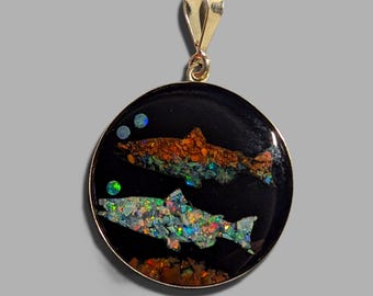 Opal Inlay Pendant Necklace - 1 1/5" = 30.5 mm - Sterling Silver - Natural Opals In Epoxy Resin - Crystal Cap On Top