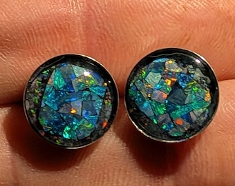 Australian Opal Inlay Earrings: Sterling Silver - Quartz Caps - 1/2", 12mm - Stud Style