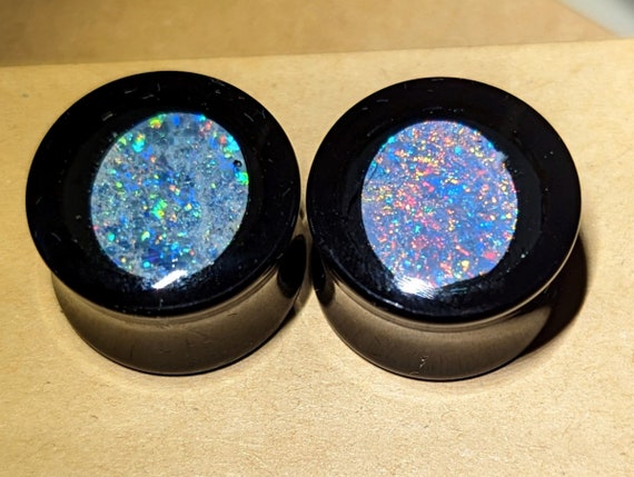 Ear Gauge Plugs 3/4" = 19 mm - Solid Black Acrylic - Natural Australian Opal Triplets - In Epoxy Resin - One Pair