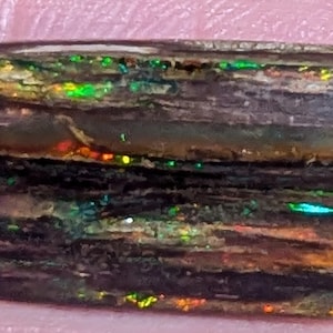 May include: A close-up of a dark brown and black opal with iridescent green, blue, and red flashes. The opal has a layered, striated pattern.