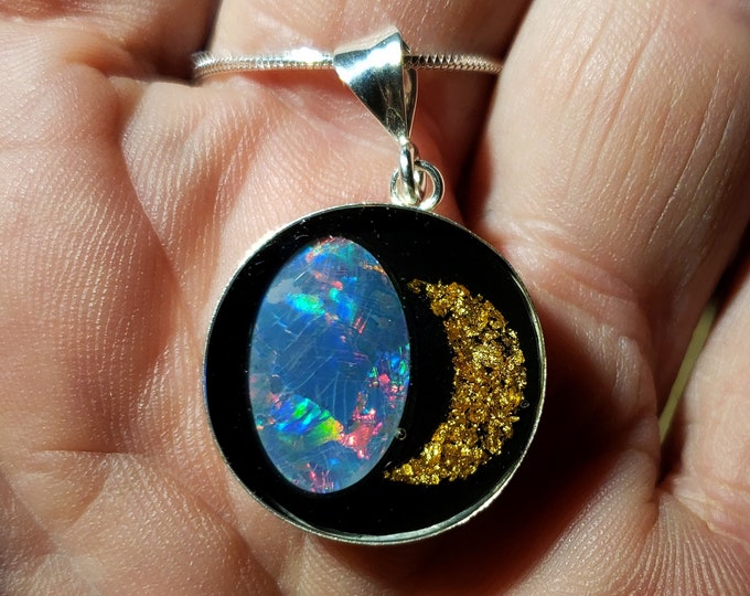 Opal Inlay Pendant Necklace - 3/4" = 20.4 mm - Sterling Silver - Natural Australian Opal Triplet In Epoxy Resin - Sterling Silver Chain