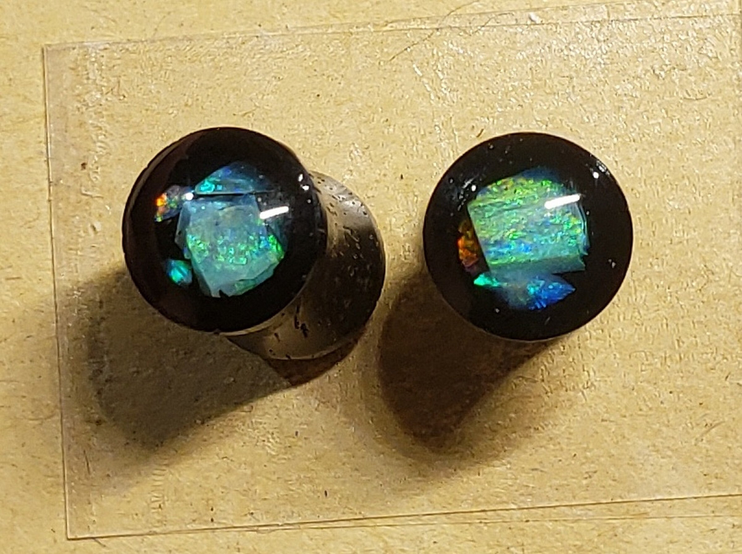 Ear Gauge Plugs Size 2 Ga 6 2 Mm Solid Ebony Wood Natural Australian Opal In Epoxy Resin One Pair