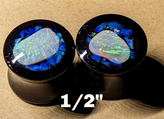 Ear Gauge Plugs 1/2" = 12 mm - Solid Black Acrylic - Natural Australian Opal Chips In Epoxy Resin - One Pair