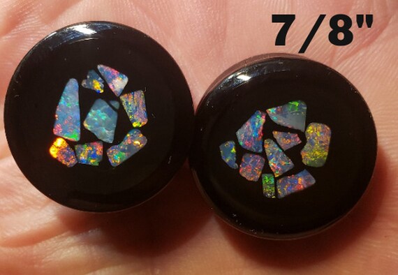 Ear Gauge Plugs 7/8 Inch Size  = 22 mm - Solid Black Acrylic - Natural Australian Opal - One Pair