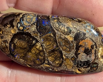 May include: A brown, black, and gold opal with a unique pattern of swirls and spots. The opal has a high polish and is a beautiful example of this type of gemstone.