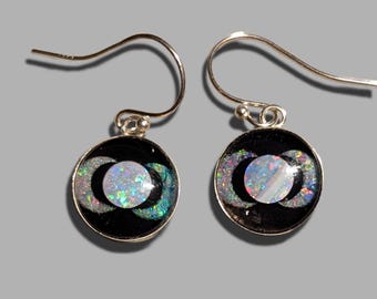 Opal Inlay Earrings - 1/2" = 12.4 mm - Sterling Silver - Natural Australian Opals In Epoxy Resin - Crystal Caps On Top