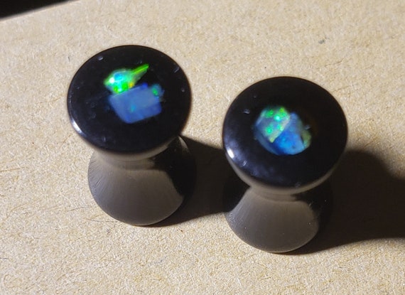 4 GA- Opal Inlay Ear Gauge Plugs - Size 4 Ga = 4.9mm - Solid Black Acrylic - Natural Australian Opal In Resin - One Pair