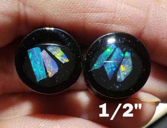 1/2 Inch - Opal Inlay Ear Gauge Plugs - Size 1/2 = 12.3 mm - Solid Black Acrylic - Natural Australian Opal In Resin - One Pair