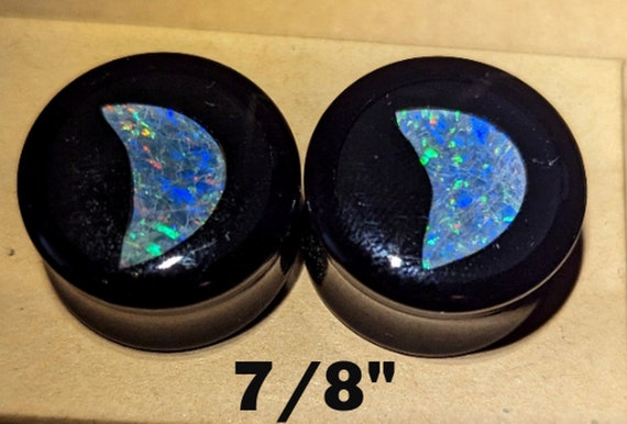 Ear Gauge Plugs 7/8" = 22 mm - Solid Black Acrylic - Natural Australian Opal Triplets - In Epoxy Resin - One Pair