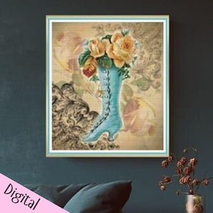 Vintage Blue Boot PDF Cross Stitch Chart - Pattern Keeper Compatible*