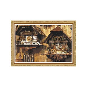 May include: Two detailed cuckoo clocks in a framed image. The clocks have wooden houses with intricate carvings, clock faces, and hanging weights. The clocks are in a warm color palette of browns and golds.