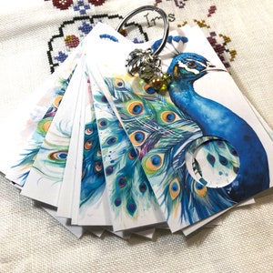 May include: A set of peacock themed note cards with a silver ring and charm. The cards feature a watercolor painting of a peacock with blue, green, and gold feathers.