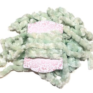 Peut inclure: Pelote de fil de chenille vert menthe doux. Le fil est duveteux et texturé, avec un léger éclat. Une étiquette décorative avec un motif floral rose est attachée au fil.