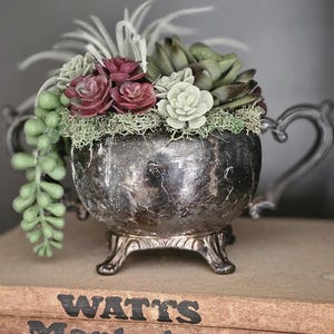 Small faux succulent decor/ vintage silver floral decor/ fake succulent arrangement READY TO SHIP