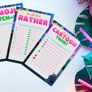 a collection of colorful papers with various texts and illustrations, surrounded by a border of neon lights and tropical leaves.