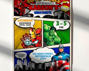 Super Hero Birthday Invitation: Comic Book Card template (Digital Download) – SH01