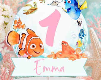 Decorazione per torta a tema Alla ricerca di Nemo, compleanno a tema "Il mare di Oneder", modello Canva, download digitale - FIN11