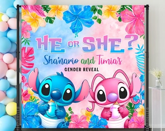 Banner Stitch per la rivelazione del sesso del bambino: sfondo "Lui o Lei" per baby shower (download digitale) STA05