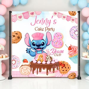 May include: A backdrop for a cake party featuring a cartoon character, Stitch, wearing a chef's hat and apron. The backdrop includes the text "Jenny's Cake Party" and "8 Years Old", along with images of cookies, donuts, and cupcakes. Pink and blue balloons frame the backdrop.