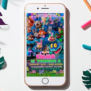 a smartphone displaying a colorful cartoon-style invitation for a birthday party, surrounded by various party decorations and items such as a magnifying glass, a carrot, and a magnifying glass.