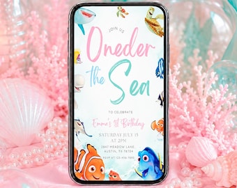 Invito per il primo compleanno a tema Alla ricerca di Nemo, modello Canva modificabile. Download digitale - FIN11