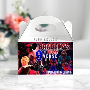 May include: White gable box with a handle, featuring a colourful design for a birthday party. The front panel displays the text "Bradley's 9th Bday Verse" with various superhero characters and the phrase "Thank you for coming!"
