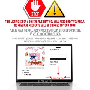 May include: A laptop displays a digital file for a cake party. The screen shows a design with a cartoon character, cookies, and donuts. Above the laptop are stop and warning signs with text. The listing is for a digital file.