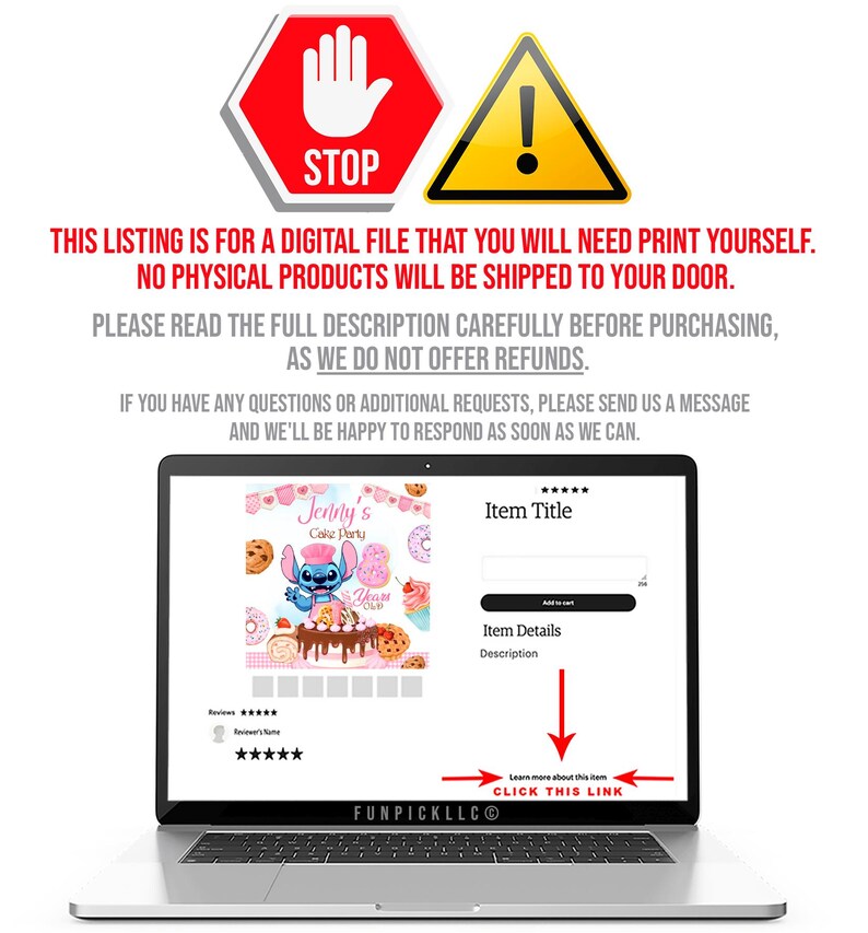 May include: A laptop displays a digital file for a cake party. The screen shows a design with a cartoon character, cookies, and donuts. Above the laptop are stop and warning signs with text. The listing is for a digital file.