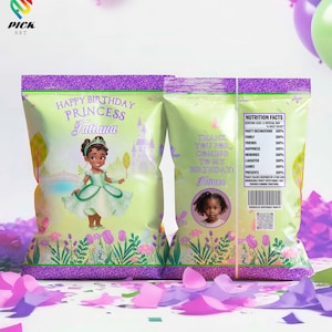 May include: Two custom-designed chip bags with a princess theme. The front of the bags read "Happy Birthday Princess Tatiana" with an illustration of a princess. The back of the bags say "Thank you for coming to my birthday!" and include a photo.