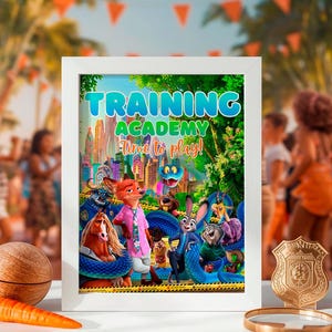 The image is a poster for "Training Academy" featuring animated characters from the movie.