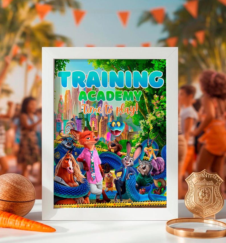 The image is a poster for "Training Academy" featuring animated characters from the movie.
