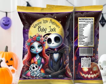 Jack and Sally Baby Shower Chips Bag Wrap: Halloween Bag Template (Digital Download) – JAC01
