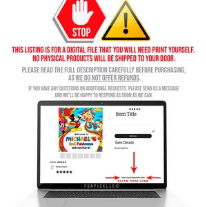 Pu&ograve; includere: Un laptop che mostra un elenco di file digitali con un design colorato con Topolino, Minnie e Paperino. L'elenco include il testo "MICHAEL'S 2nd Funhouse adventure!" e un prompt "CLICCA QUESTO LINK".