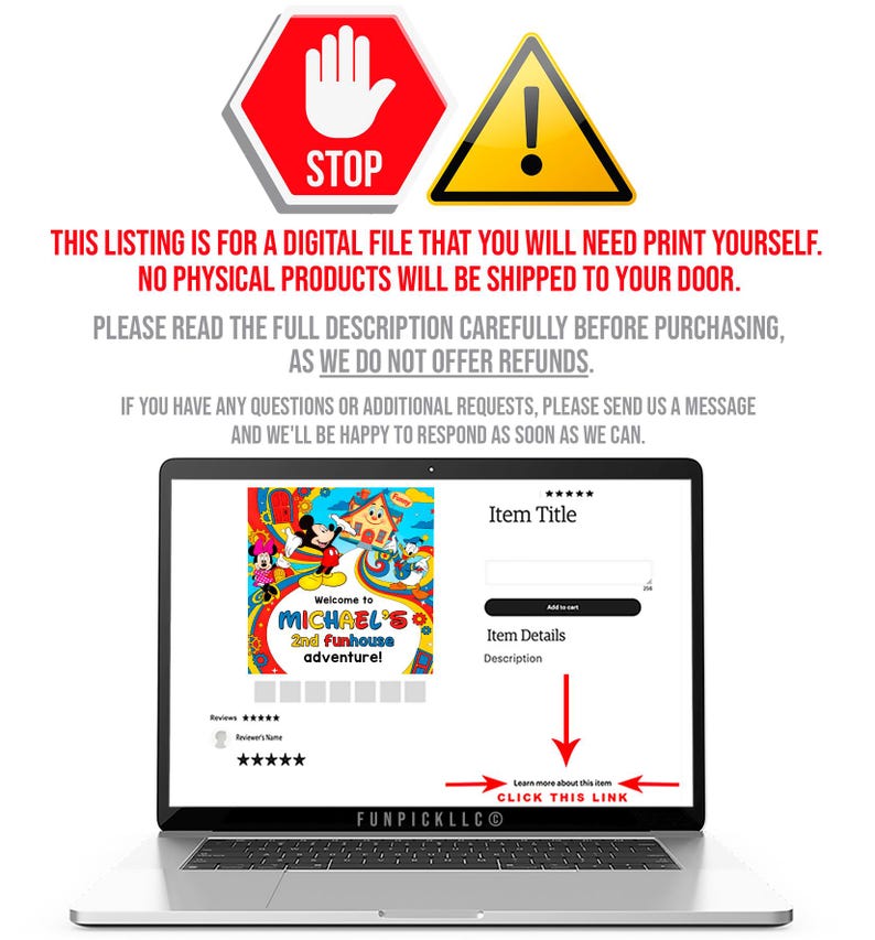 Pu&ograve; includere: Un laptop che mostra un elenco di file digitali con un design colorato con Topolino, Minnie e Paperino. L'elenco include il testo "MICHAEL'S 2nd Funhouse adventure!" e un prompt "CLICCA QUESTO LINK".