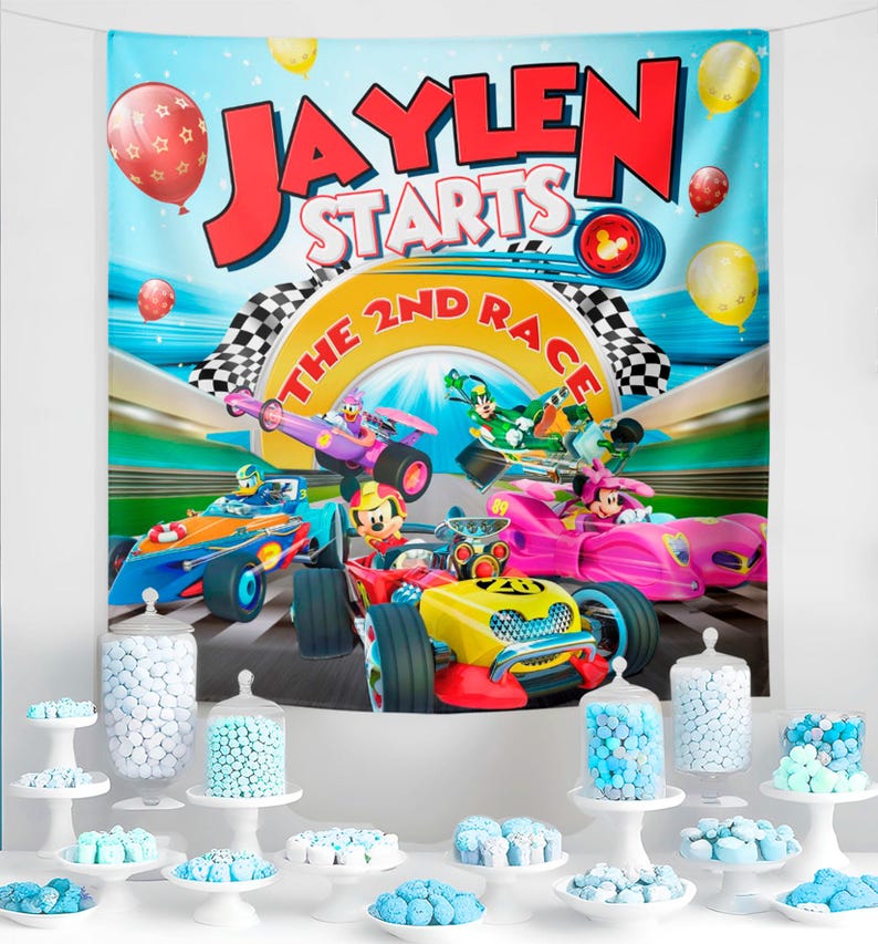 Mickey Roadster Racers Backdrop: Two Fast Race Car Birthday Party ...