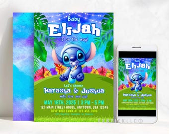 Lilo and Stitch Baby Shower Invitation: Green & Blue, Editable Card - STI05