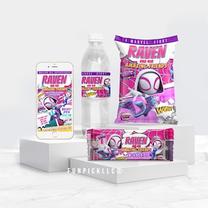 Puede incluir: Un conjunto de recuerdos de fiesta con el personaje Raven de "Raven y sus increíbles amigos". Incluye un teléfono inteligente con detalles del evento, una botella de agua, una bolsa de bocadillos y una barra de chocolate. El tema es rosa, blanco y morado.