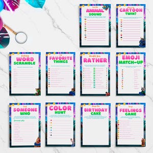 a collection of nine colorful word scramble games, each with a unique title and a list of words to be formed. The games are arranged in a grid format, with three games on the top row, four games on the middle row, and three games on the bottom row.