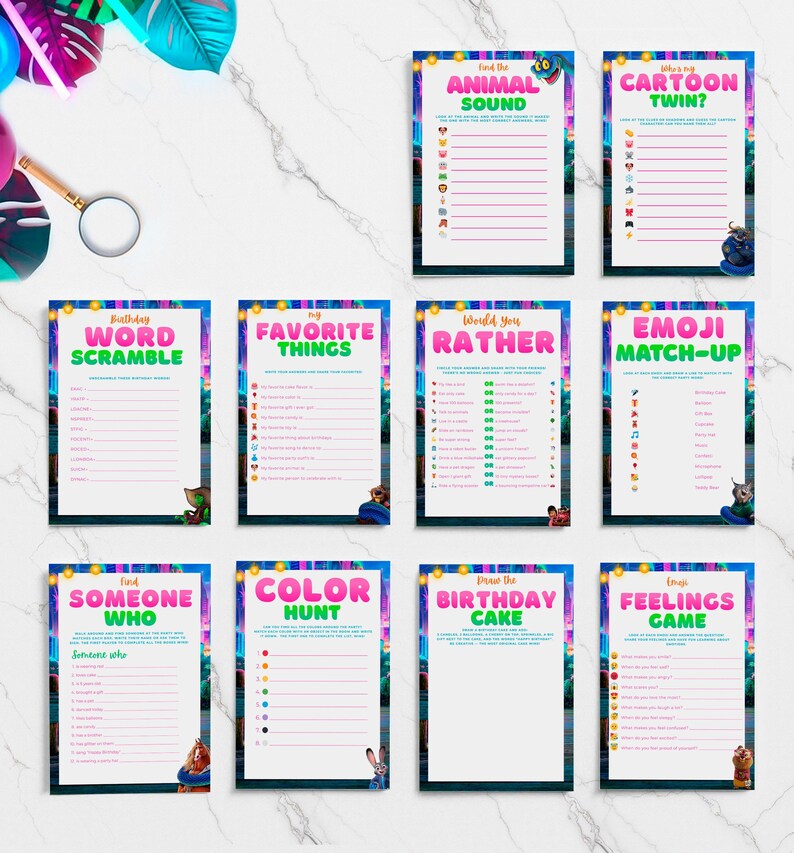 a collection of nine colorful word scramble games, each with a unique title and a list of words to be formed. The games are arranged in a grid format, with three games on the top row, four games on the middle row, and three games on the bottom row.