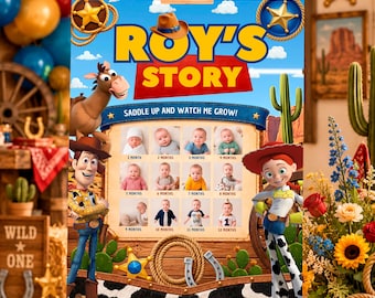 Cartello mensile di Toy Story: poster fotografico per le tappe fondamentali del bambino in stile western, download digitale modificabile - TOY05