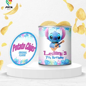 May include: A white can of potato chips with a cartoon character illustration and the text "Leilani's 7th Birthday." The can is next to a lid with the words "Potato Chips" and "Original Flavor." Potato chips are scattered around the can.