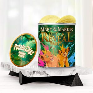 May include: A can of potato chips with the text "Mary & Mark's Royal Reveal Party" and a cartoon image of two lion cubs. A small, round container of potato chips with the text "Potato Chips Original Flavor" is also visible.
