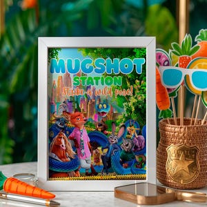 a framed poster of the animated movie "Jumanji: The Next Level", with various characters from the film, including a fox, a rabbit, and a snake, along with a cityscape and a jungle scene. The poster is displayed on a table, and there are some cut-out shapes and a badge-like object next to it.