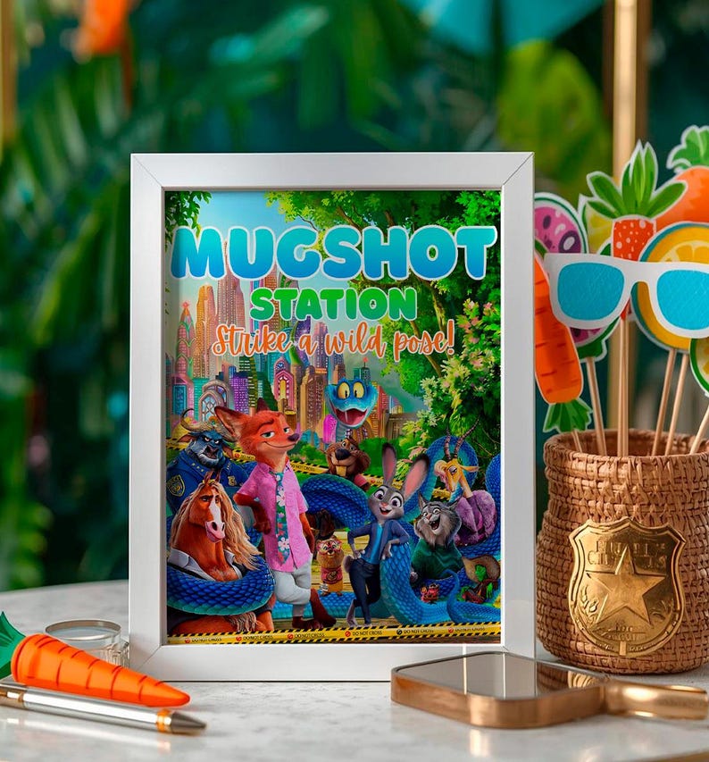 a framed poster of the animated movie "Jumanji: The Next Level", with various characters from the film, including a fox, a rabbit, and a snake, along with a cityscape and a jungle scene. The poster is displayed on a table, and there are some cut-out shapes and a badge-like object next to it.