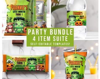 May include: A party bundle featuring four items with a Halloween theme. The items include a bag of chips, a water bottle, a chocolate bar, and a juice pouch, all with the text "Frankie's Little Monster Turns 1". The design includes a cartoon Frankenstein monster, pumpkins, and teddy bears.