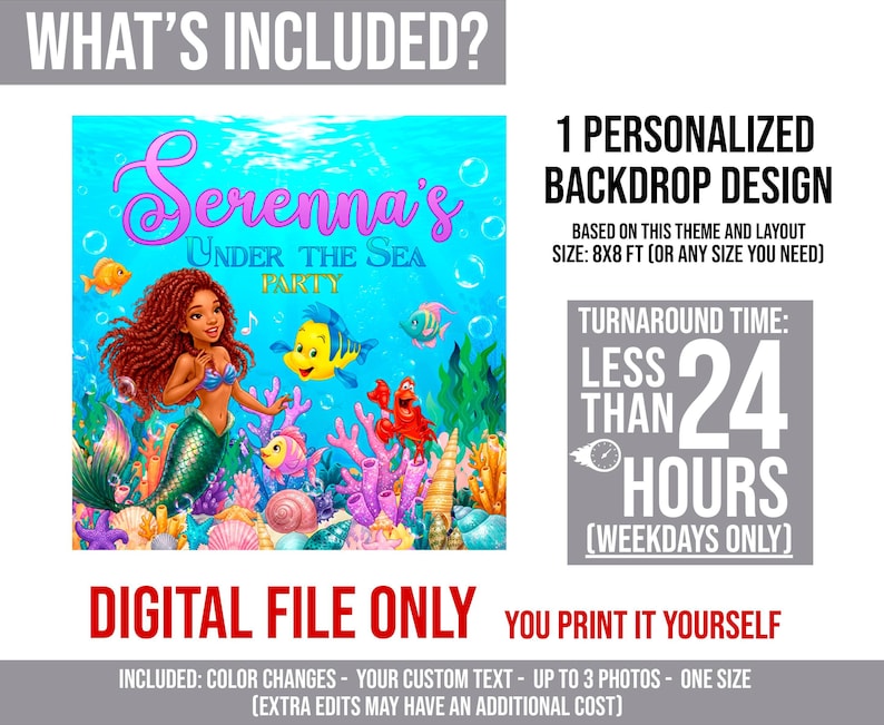 The Little Mermaid Banner: Under the Sea Birthday Backdrop, Digital Download - ARI02 image 2