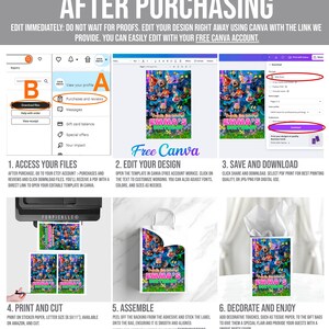 The image is a step-by-step guide on how to create a custom book or design using the Free Canva app. It provides instructions on how to access files, edit a design, print and cut the final product, and assemble the final product. The guide includes a visual representation of the process, with images and text to guide the user through each step.