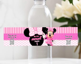 Minnie Mouse Birthday Water Bottle Label: Pink and Black (Editable) - MYM09