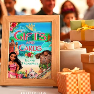 a picture frame sitting on a table with presents