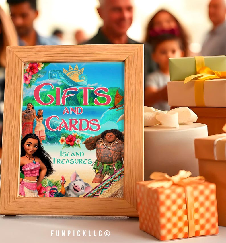 a picture frame sitting on a table with presents